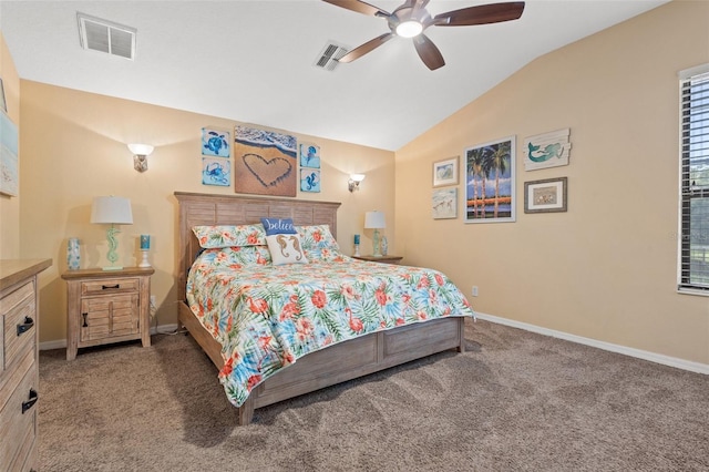 carpeted bedroom featuring ceiling fan and vaulted ceiling