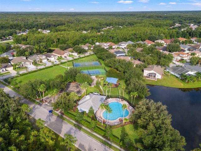 bird's eye view with a water view