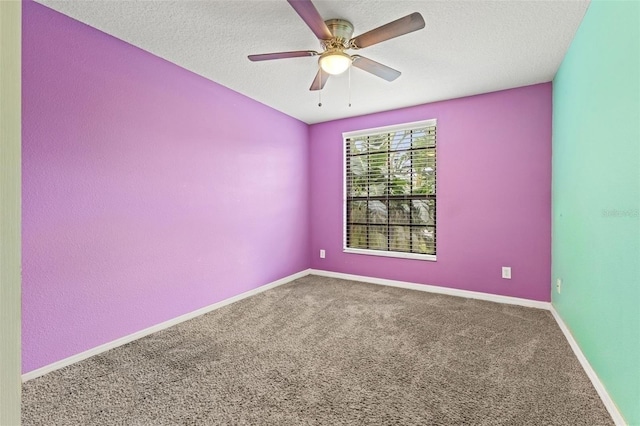 unfurnished room with ceiling fan, carpet floors, and a textured ceiling