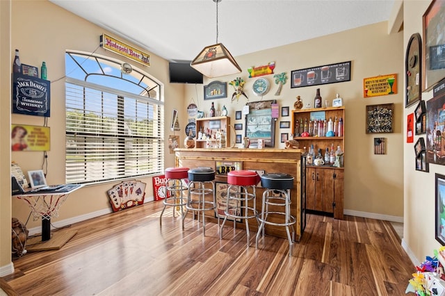 bar featuring hardwood / wood-style floors and hanging light fixtures