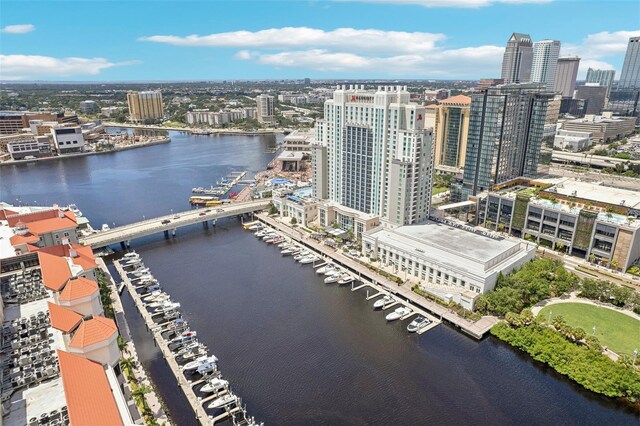 bird's eye view with a water view and a city view