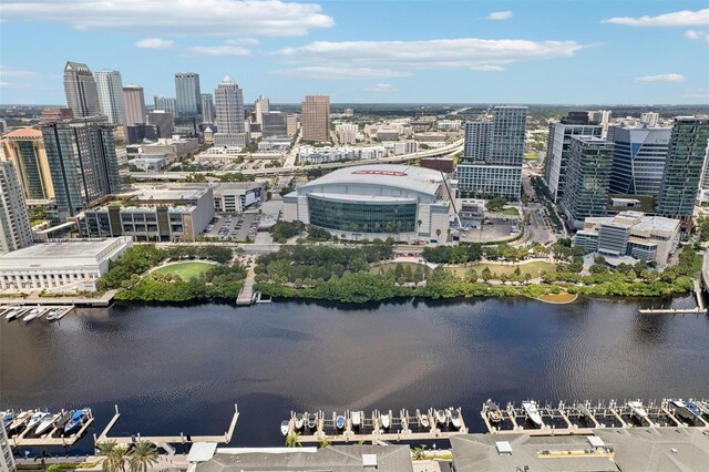 drone / aerial view with a water view and a view of city