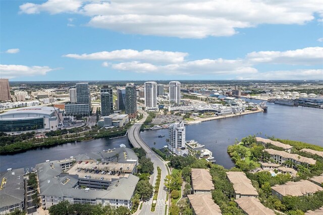 aerial view with a view of city and a water view