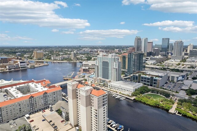 aerial view with a city view and a water view