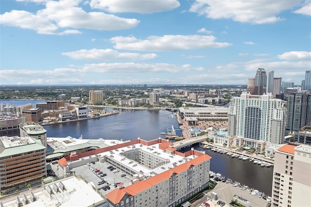 aerial view with a water view and a city view