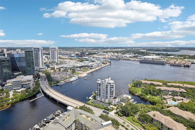 aerial view featuring a water view and a view of city