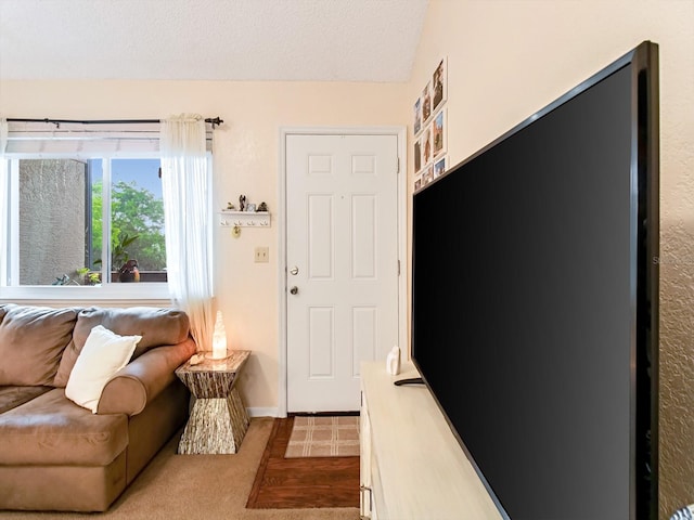 carpeted foyer with lofted ceiling