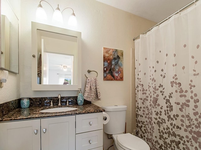 bathroom featuring vanity, toilet, and a shower with curtain