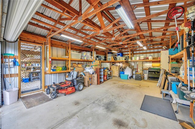 garage with a workshop area