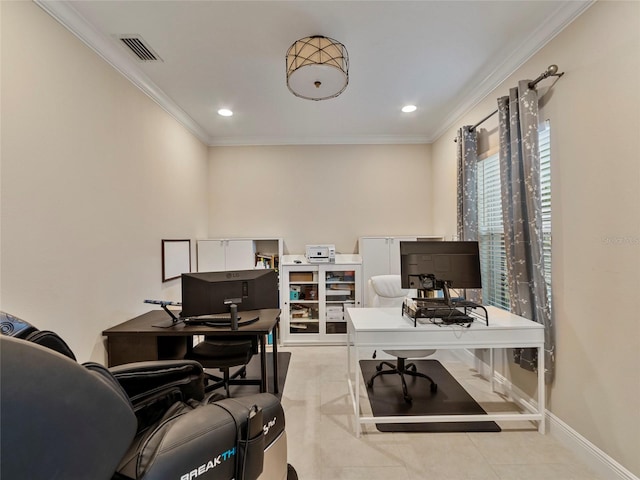 office with ornamental molding and light tile patterned floors