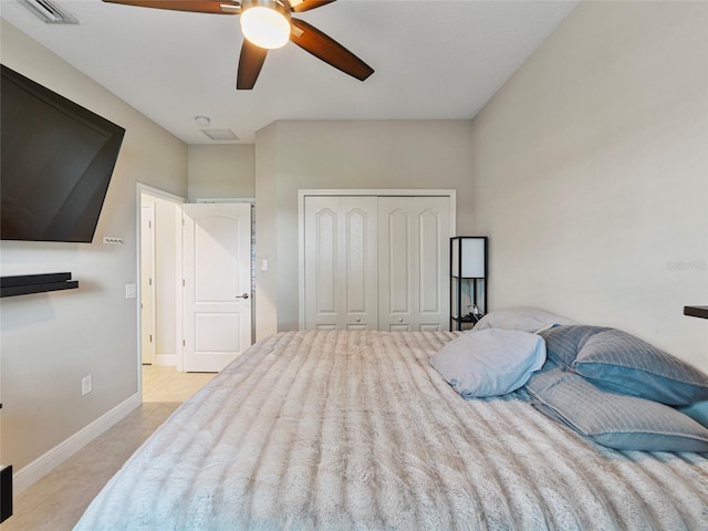 bedroom with ceiling fan and a closet