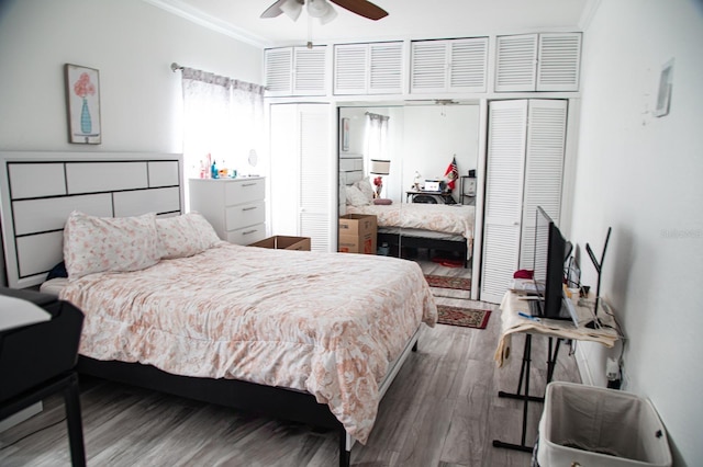 bedroom with ornamental molding, wood-type flooring, ceiling fan, and a closet