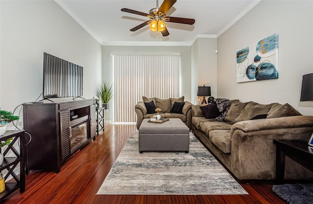 living room featuring ceiling fan, dark wood-type flooring, and crown molding