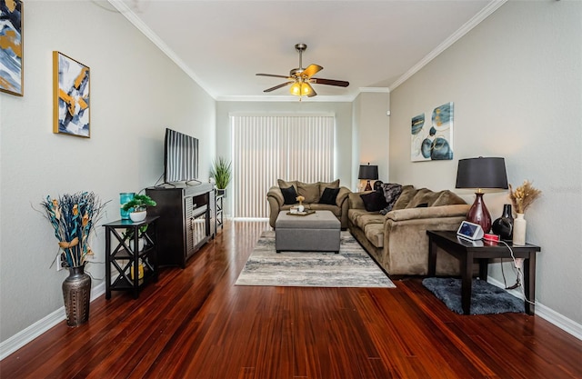 living room with ceiling fan, dark wood-type flooring, and crown molding