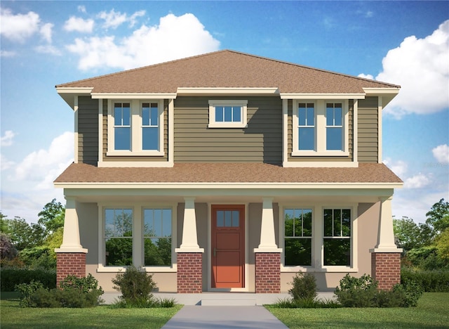 view of front of home featuring brick siding, covered porch, and roof with shingles