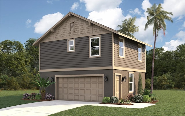 view of front of property featuring stucco siding, an attached garage, concrete driveway, and a front lawn