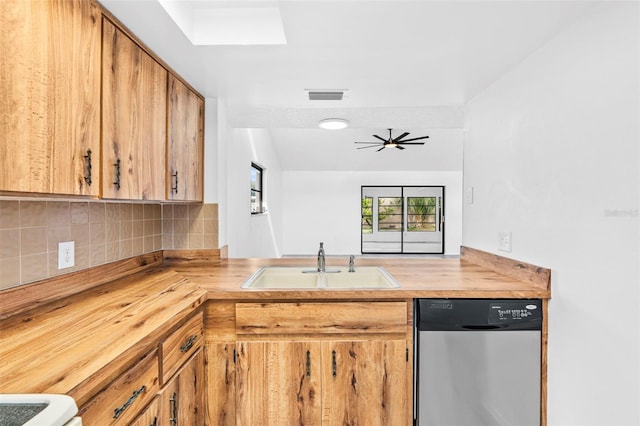 kitchen featuring butcher block countertops, dishwasher, kitchen peninsula, sink, and decorative backsplash