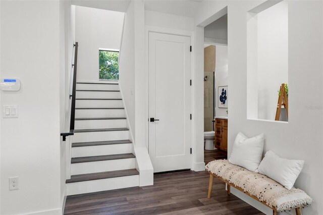 stairway featuring hardwood / wood-style floors