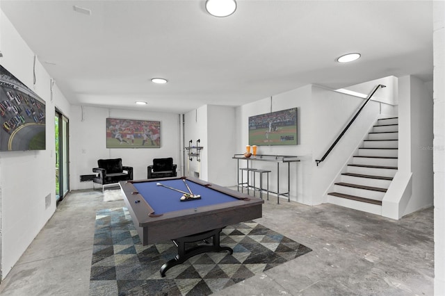 playroom with pool table, unfinished concrete flooring, and visible vents