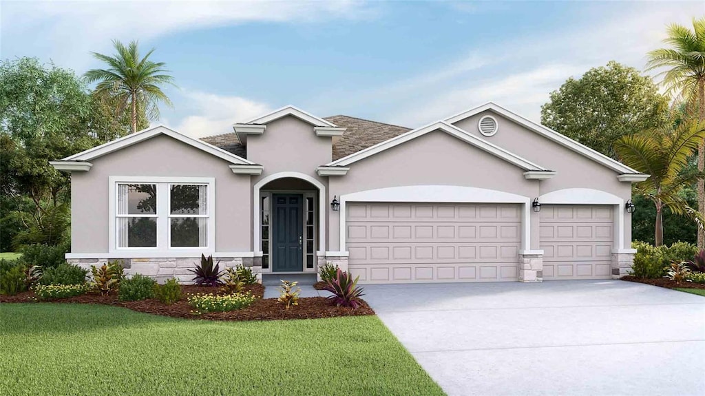 ranch-style house featuring stucco siding, a front lawn, stone siding, concrete driveway, and an attached garage