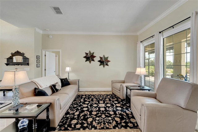 living room with ornamental molding