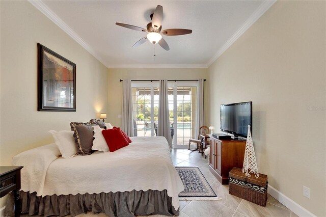 tiled bedroom featuring ceiling fan, access to exterior, and ornamental molding