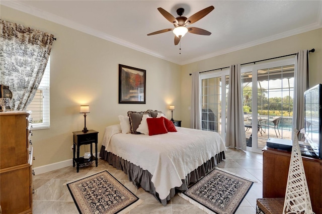 tiled bedroom with access to outside, ceiling fan, and ornamental molding