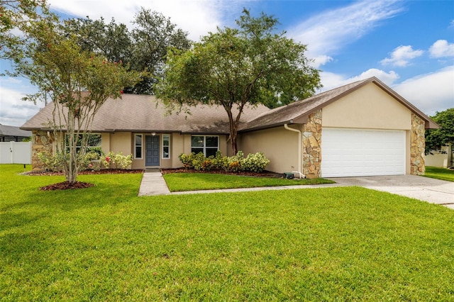 single story home featuring an attached garage, concrete driveway, stone siding, stucco siding, and a front lawn