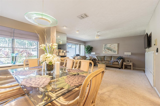 carpeted dining area featuring a textured ceiling