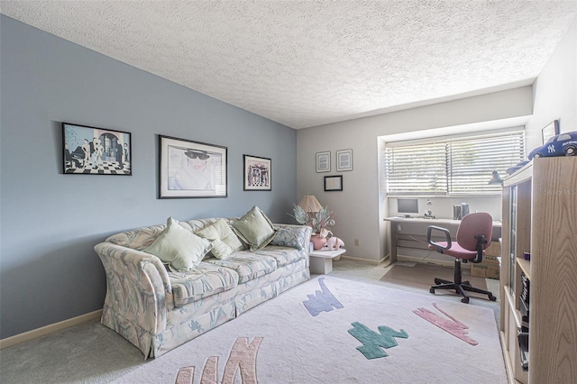 office space featuring a textured ceiling and light colored carpet