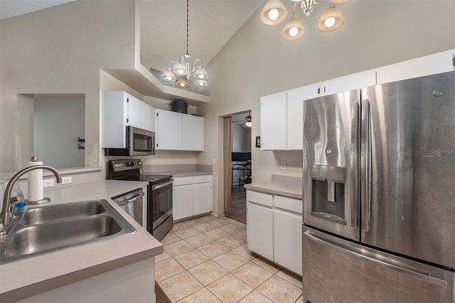 kitchen featuring pendant lighting, appliances with stainless steel finishes, sink, high vaulted ceiling, and white cabinets