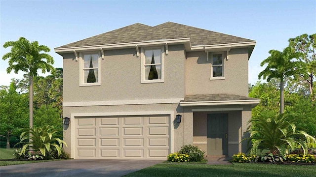 view of front of home featuring concrete driveway, roof with shingles, an attached garage, and stucco siding