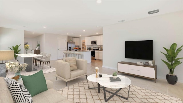 living room featuring recessed lighting, visible vents, and light tile patterned floors