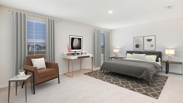 carpeted bedroom featuring baseboards, visible vents, and recessed lighting