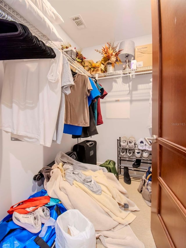 walk in closet featuring carpet flooring