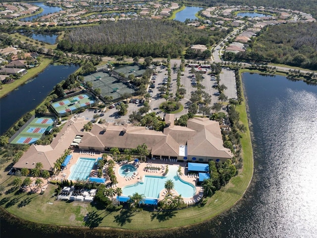 aerial view featuring a water view