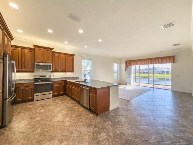 kitchen featuring kitchen peninsula, appliances with stainless steel finishes, a wealth of natural light, and sink