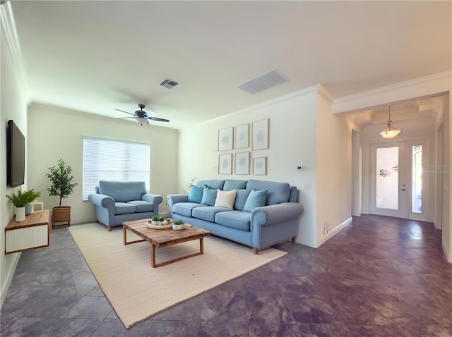 living room with ceiling fan and crown molding