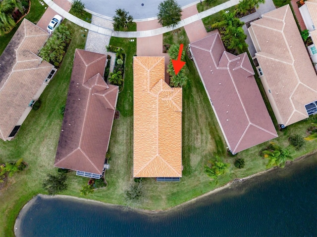 drone / aerial view with a water view