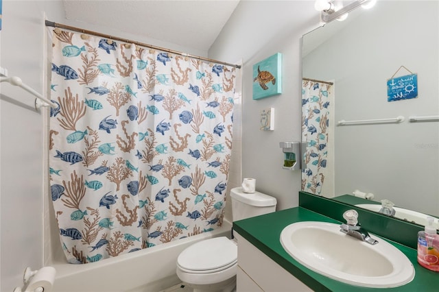 full bathroom with toilet, shower / tub combo, a textured ceiling, and vanity