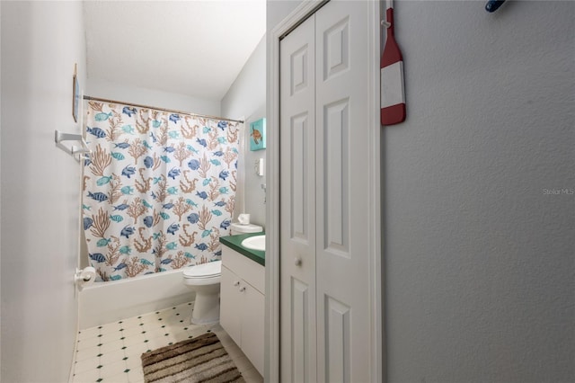 full bathroom featuring vanity, toilet, and shower / bath combo with shower curtain