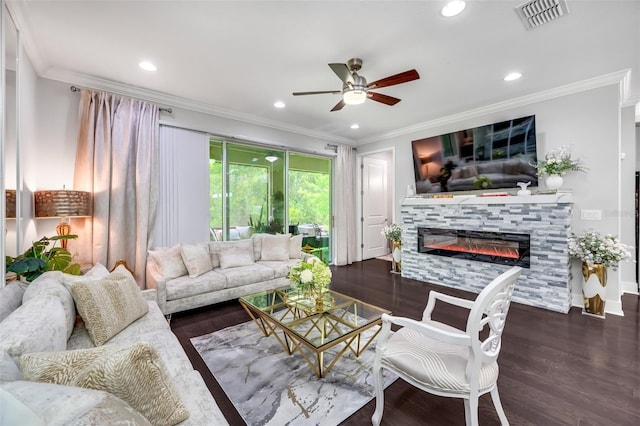 living room with ceiling fan, a fireplace, and dark hardwood / wood-style floors