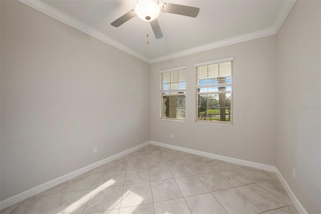 empty room with ceiling fan, light tile patterned flooring, and ornamental molding