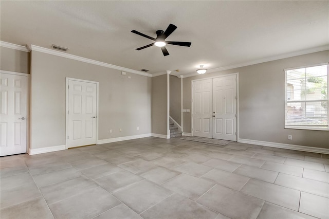 unfurnished bedroom featuring ornamental molding, light tile patterned floors, and ceiling fan