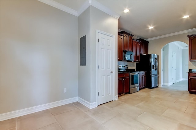 kitchen featuring electric panel, stainless steel appliances, ornamental molding, and light tile patterned flooring