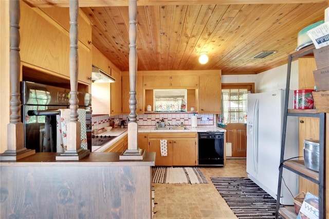 kitchen with wooden ceiling, dishwasher, tasteful backsplash, kitchen peninsula, and sink