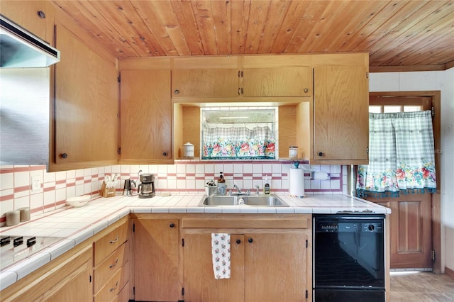 kitchen featuring black dishwasher, tile countertops, tasteful backsplash, wood ceiling, and sink