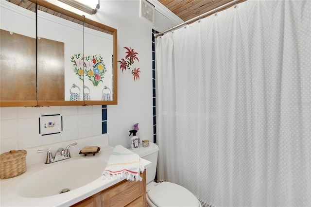 bathroom with vanity, walk in shower, tile walls, toilet, and decorative backsplash