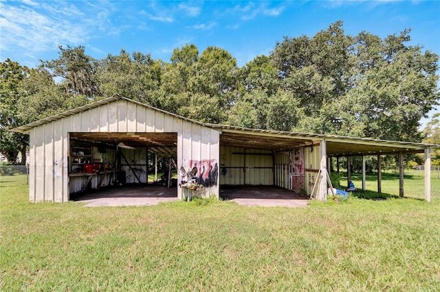 garage with a yard