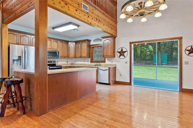 kitchen with stainless steel appliances, sink, kitchen peninsula, and light hardwood / wood-style flooring